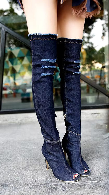 Over the knee denim ripped open toe boots